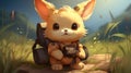 A small brown bunny with a backpack sitting on the ground, AI