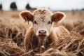 a small brown cow in a field of dry grass