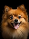 Small brown dog is looking at camera with its tongue out, smiling. The dog\'s eyes are wide open and it appears to be Royalty Free Stock Photo