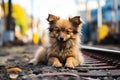 a small brown dog sitting on a railroad track