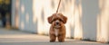 A small brown dog is standing on a sidewalk with a leash Royalty Free Stock Photo