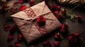 A small brown envelope with a red rose on top of it, AI Royalty Free Stock Photo