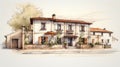 Architectural Sketch Watercolor Illustration Of A House In Rome