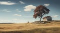 Sunny Day Landscape With Lone Tree And Small Barn