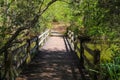 A small brown wooden bridge over a silky green lake surrounded by lush green trees and plants at Callaway Gardens Royalty Free Stock Photo