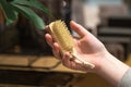 A small brush in female hand close-up on a blurred background.