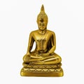 Small Buddha figurine in a tranquil pose, sitting on a platform against a white background Royalty Free Stock Photo
