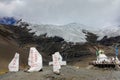 Small buddhist shrine and stone signs stand under the spectacular glacier.