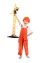 Small builder and crane on white background Royalty Free Stock Photo