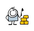 Small builder holds a spatula in his hand and builds a wall of bricks. Vector illustration of a toy constructor and a Royalty Free Stock Photo