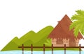 Small bungalow on shore of ocean. Tropical island with palm tree and wild plants. Natural scenery. Flat vector design