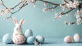 A small bunny rests amidst colorful eggs under a vibrant tree, capturing the essence of Easter's joy and renewal Royalty Free Stock Photo