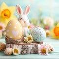 A small bunny sits beside an Easter egg on a tree stump in a charming spring setting. Royalty Free Stock Photo
