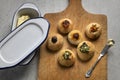 Small buns topped with paste and garlic Royalty Free Stock Photo