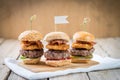 Sliders beef tall mini burgers sharing food Royalty Free Stock Photo