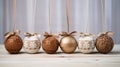 small burlap christmas ornaments with lace and ribbon, in the style of symmetrical asymmetry, aykut aydogdu, eye