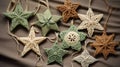 small burlap christmas ornaments with lace and ribbon, in the style of symmetrical asymmetry, aykut aydogdu, eye