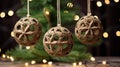 small burlap christmas ornaments with lace and ribbon, in the style of symmetrical asymmetry, aykut aydogdu, eye