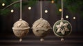 small burlap christmas ornaments with lace and ribbon, in the style of symmetrical asymmetry, aykut aydogdu, eye