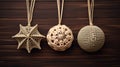 small burlap christmas ornaments with lace and ribbon, in the style of symmetrical asymmetry, aykut aydogdu, eye