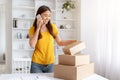 Small Business Concept. Young Asian Woman Packing Orders And Talking On Cellphone Royalty Free Stock Photo