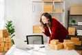 Small business entrepreneur SME freelance woman working at office, BOX,tablet and laptop online, marketing, packaging, delivery, Royalty Free Stock Photo