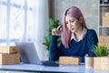 Small Business Entrepreneur SME owner cute young asian woman checking orders with laptop computer using smartphone checking orders Royalty Free Stock Photo