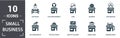 Small Business icon set. Contain filled flat clothing market, car wash, bakery, beauty saloon, car service, coffee house icons.
