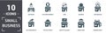 Small Business icon set. Contain filled flat clothing market, car wash, bakery, beauty saloon, car service, coffee house icons. Royalty Free Stock Photo