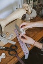 Small business ideas, seamstress local business, vintage dressmaker workspace. Female fashion designer making craft fabric hair Royalty Free Stock Photo