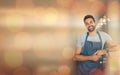 Small business owner, cafe mockup and portrait of man, bokeh and confident smile in restaurant startup advertising Royalty Free Stock Photo