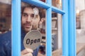 Small Business Owner Turning Around Open Sign On Shop Or Store Door Royalty Free Stock Photo