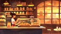 Small business owner working at night in a bakery shop. Modern cartoon illustration of a young woman with fresh baked Royalty Free Stock Photo