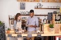 Small business owners, tablet and teamwork of people, manage orders and discussion in store. Waiters, black man and Royalty Free Stock Photo