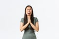 Small business owners, women entrepreneurs concept. Overworked hopeless asian miserable businesswoman praying, crying Royalty Free Stock Photo