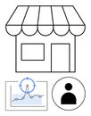 Small business storefront with data analytics graph and user profile icon for strategic growth planning Royalty Free Stock Photo