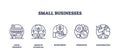 Small businesses icons outline showing shop, growth, investment, operations, and ...