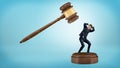 A small businessman tries to avoid a giant gavel strike while standing on a sound block.