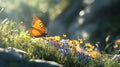 A small butterfly fluttering around a patch of wildflowers in a meadow pic Royalty Free Stock Photo