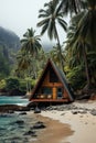 A small cabin on a beach with palm trees, AI
