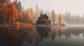 A small cabin, ?iny house, old wooden house sitting on a misty lake shore in Autumn forest. Generative AI. Royalty Free Stock Photo