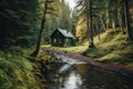 A small cabin in the middle of a forest. Generative AI image. Royalty Free Stock Photo