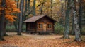 A small cabin in the middle of a forest surrounded by trees, AI Royalty Free Stock Photo