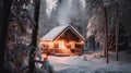 A small cabin in the middle of a snowy forest. Generative AI image. Royalty Free Stock Photo