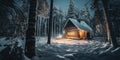 A small cabin in the middle of a snowy forest. Generative AI image. Royalty Free Stock Photo