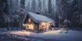 A small cabin in the middle of a snowy forest. Generative AI image. Royalty Free Stock Photo