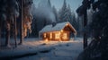 A small cabin in the middle of a snowy forest. Generative AI image. Royalty Free Stock Photo