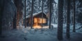 A small cabin in the middle of a snowy forest. Generative AI image. Royalty Free Stock Photo