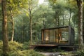 A small cabin nestled amidst tall trees in a dense forest, Micro-house in a secluded forest, AI Generated