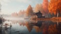 A small cabin, old wooden tiny house sitting on a misty lake shore in Autumn forest. AI generative. Royalty Free Stock Photo